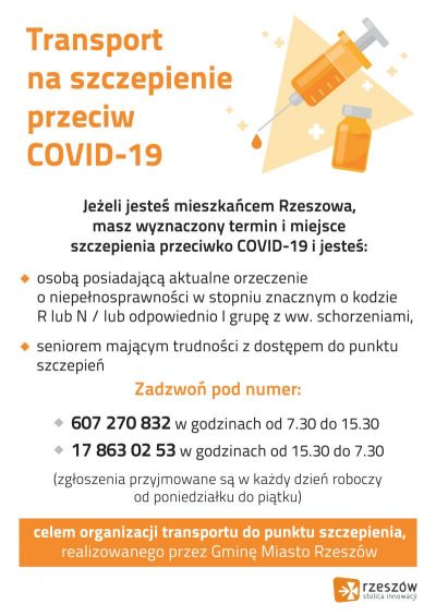 Plakat dot. transportu do punktu szczepień przeciw COVID-19