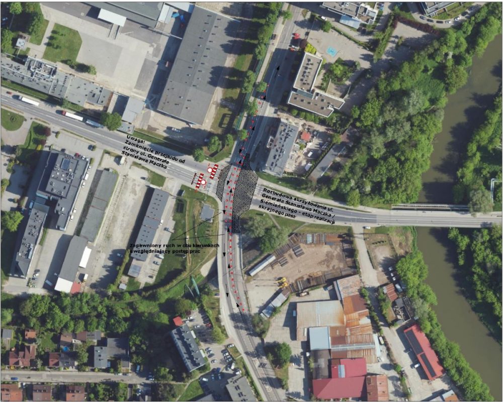 zdjęcie z zaznaczonym odcinkiem przebudowy na skrzyżowaniu ulic Siemieńskiego i gen. Maczka w Rzeszowie