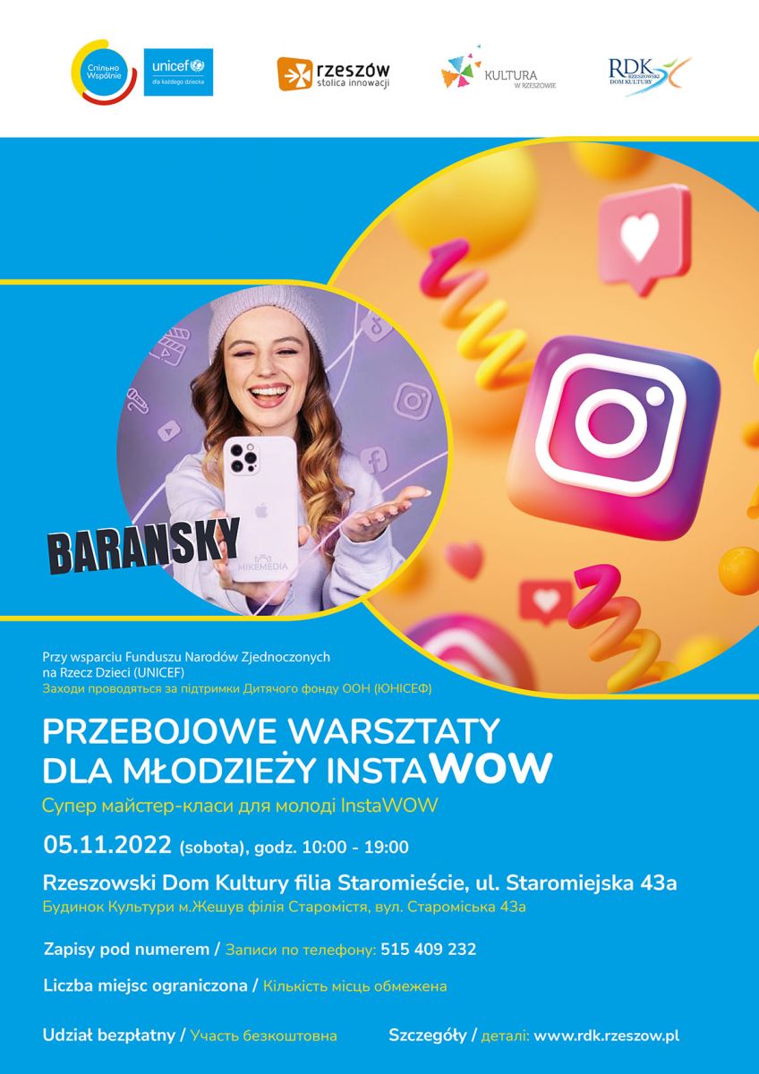 Grafika promująca warsztaty dla młodzieży InstaWOW