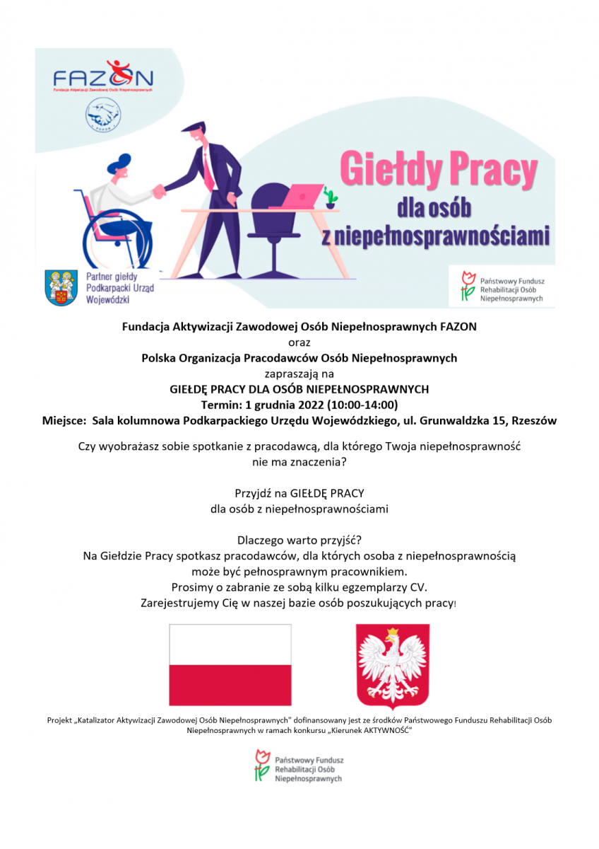 Plakat promujący giełdę pracy dla osób z niepełnosprawnościami w Rzeszowie