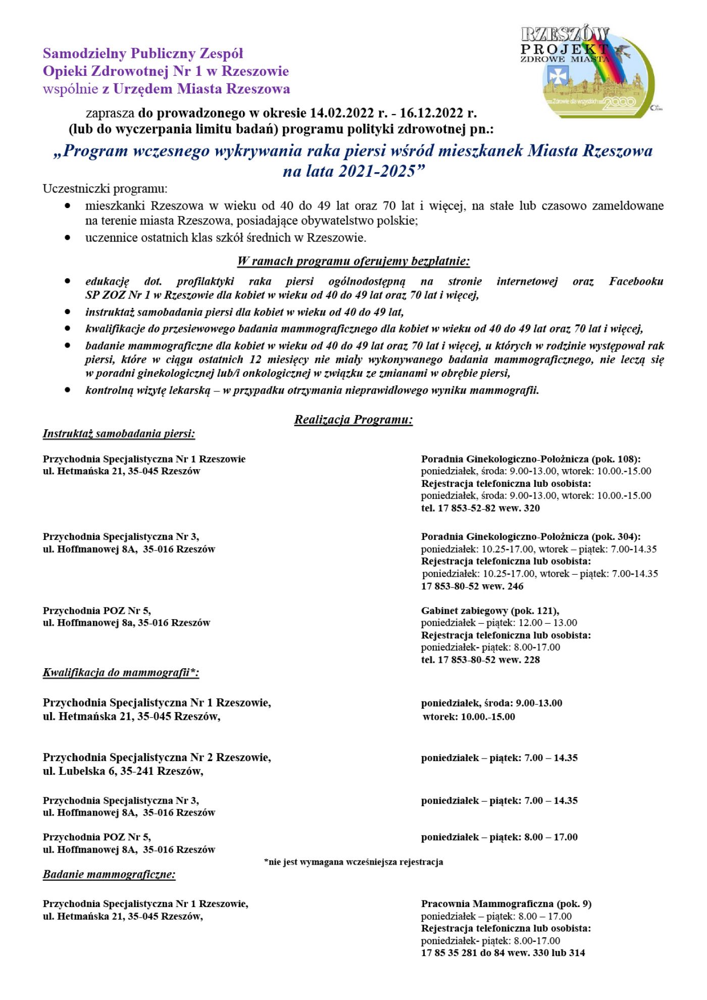 Zaproszenie do programu wczesnego wykrywania raka piersi wśród mieszkanek Miasta Rzeszowa na lata 2021-2025