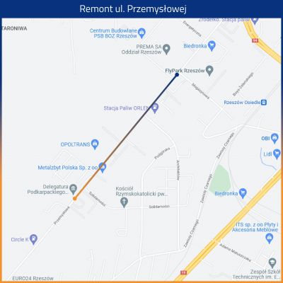 Fragment mapy ilustrującej przebieg prac związanych wymianą zniszczonej nawierzchni na ul. Przemysłowej w Rzeszowie