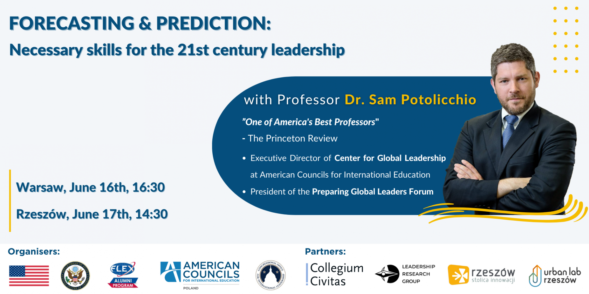 Grafika promująca wykład Dr. Sama Potolicchio w Rzeszowie