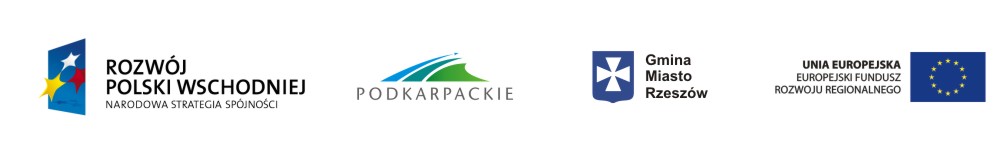 Znak Programu Operacyjnego Rozw&oacute;j Polski Wschodniej, Logo promocyjne wojew&oacute;dztwa podkarpackiego, Herb Miasta Rzeszowa, Flaga Unia Europejska z odniesieniem do Europejskiego Funduszu Rozwoju Regionalnego