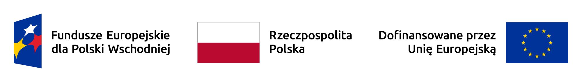 Zestawienie znak&oacute;w zawierające znak Fundusze Europejskie dla Polski Wschodniej złożony z symbolu graficznego i nazwy programu, znak barw Rzeczypospolitej Polskiej złożony z barw RP oraz nazwy Rzeczpospolita Polska, znak Unii Europejskiej złożony z flagi UE i napisu &bdquo;Dofinansowane przez Unię Europejską&rdquo;