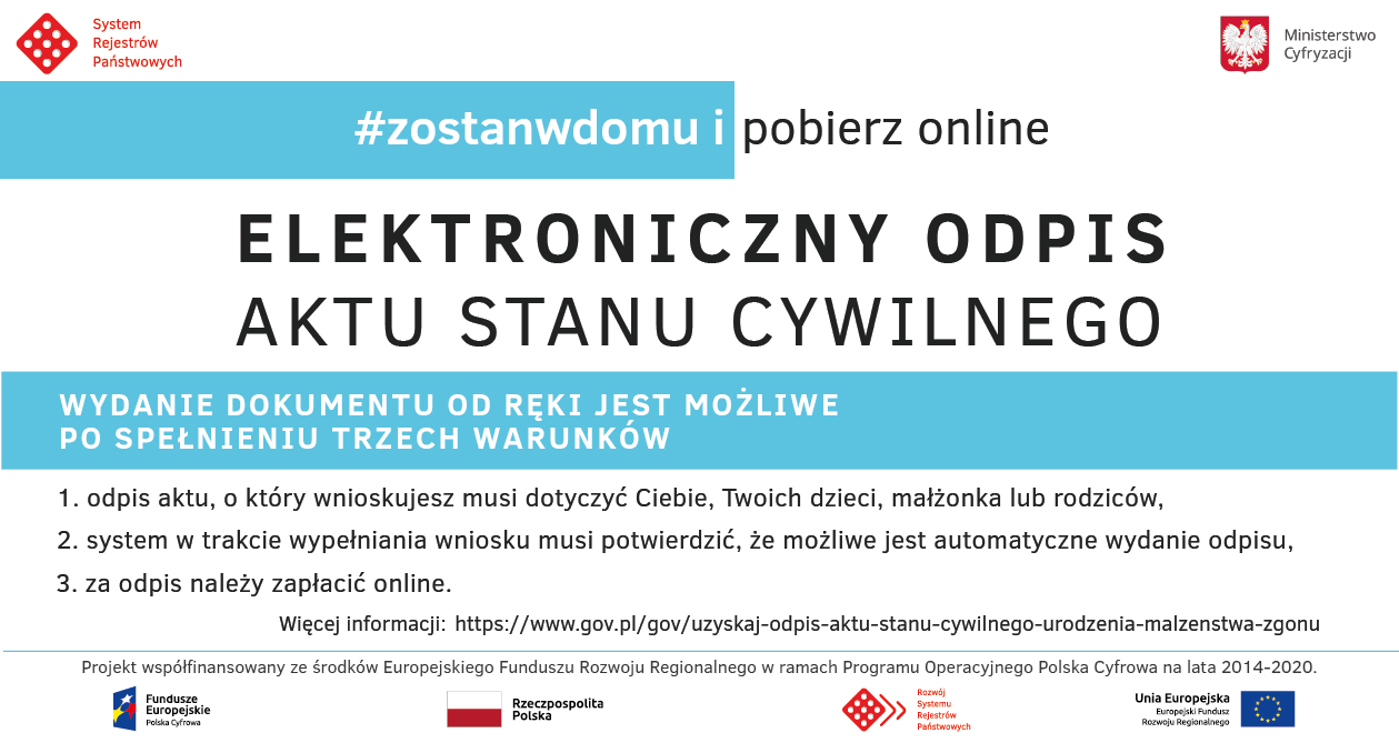 Plakat informujący o e-usłudze umożliwiającej wnioskowanie online o odpis aktu stanu cywilnego