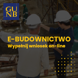 Kwadratowy banner odsyłający po kliknięciu na stronę aplikacji e-budownictwo.gunb.gov.pl