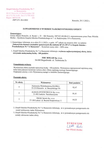 ZSP7 18-2022 Zawiadomienie o wyborze najkorzystniejszej oferty